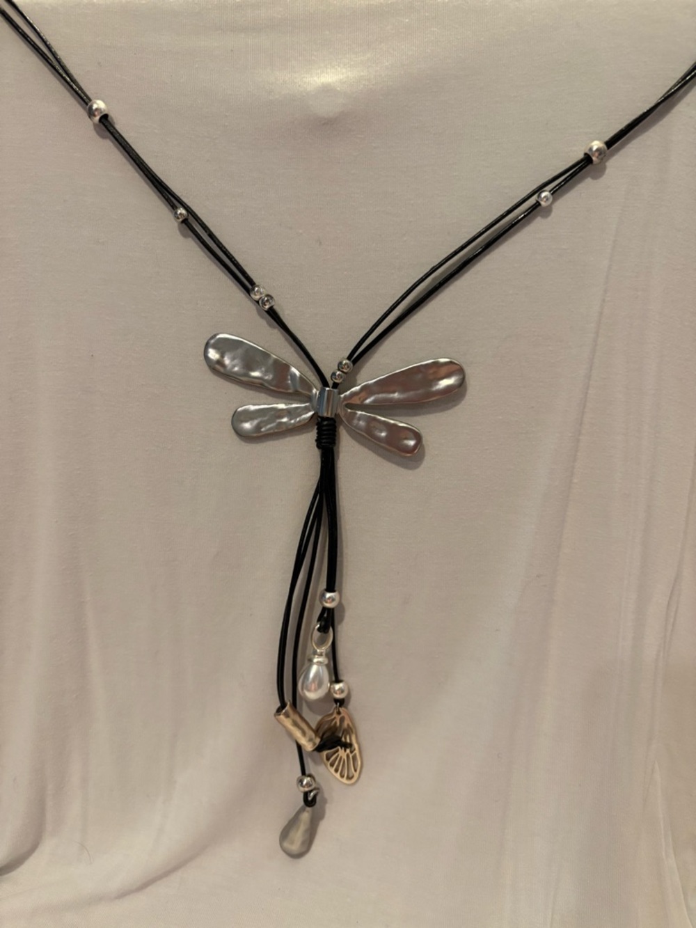Silver Dragonfly Pendant Necklace with Black Cord